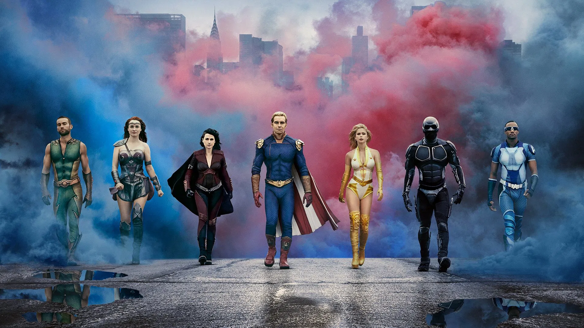 imagen promocional de la serie de the boys donde se puede ver a los seven