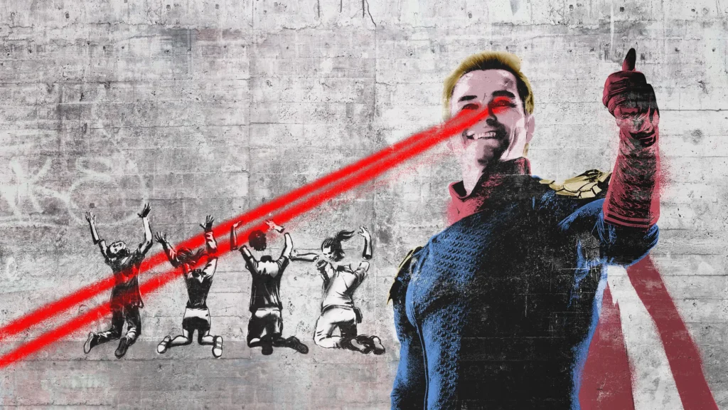 homalander apuntando sus rayos a personas