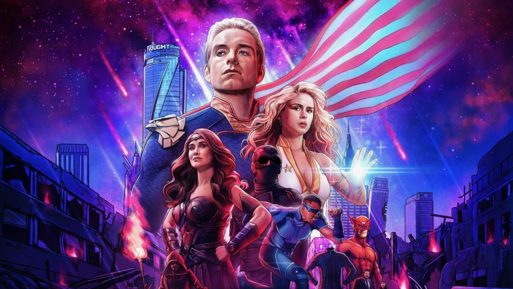 Los seven posanso con el edificio de vought atrás