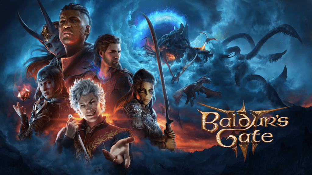 imagen promocional del videojuego baldurs gate 3 en que aparecen los personajes principales