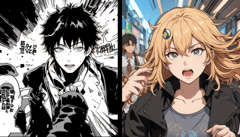 Ilustración comparativa entre un panel de manga en blanco y negro y una escena de anime a color representando las diferencias y conflictos entre anime vs manga